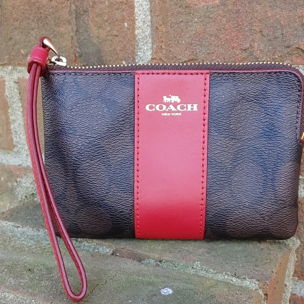 Coach Signature Brown And Red Wristlet (1164)